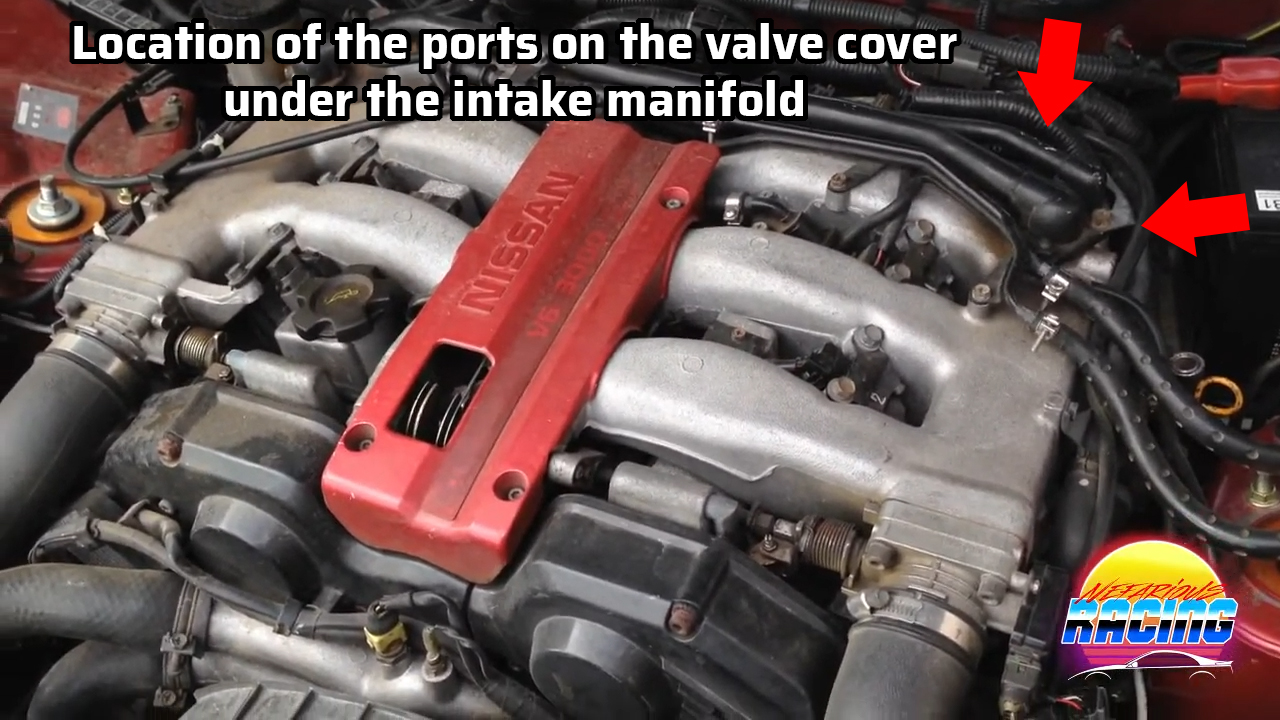 Location of hsoe ports under the intake manifold on the valve cover of the Nissan 300zz Z32 for catch can install